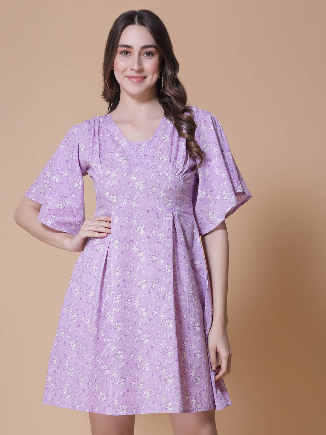GOD BLESS Women Cotton Printed Peplum Dress ( Purple )     			GOD BLESS Women Cotton Printed Peplum Dress ( Purple )