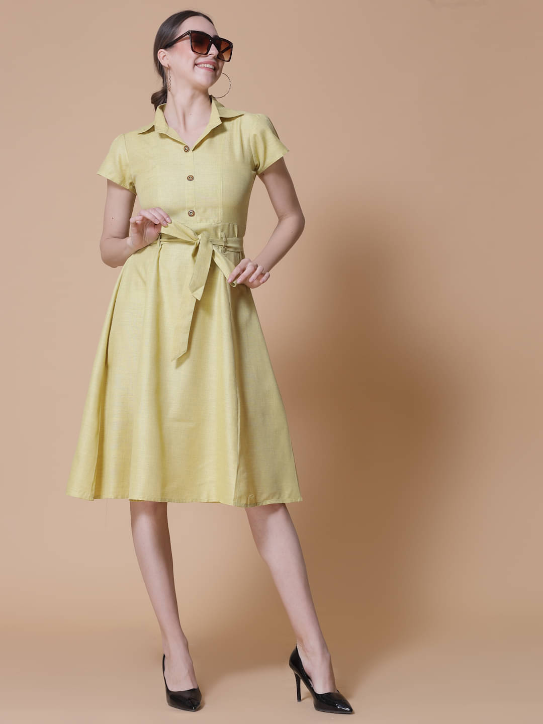 GOD BLESS Women Cotton Solid A-line Dress ( Yellow ) GOD BLESS Women Cotton Solid A-line Dress ( Yellow )