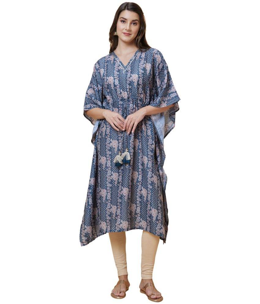 Globus Polyester Printed Kaftan Women's Kurti - Teal ( Pack of 1 ) Globus Polyester Printed Kaftan Women's Kurti - Teal ( Pack of 1 )