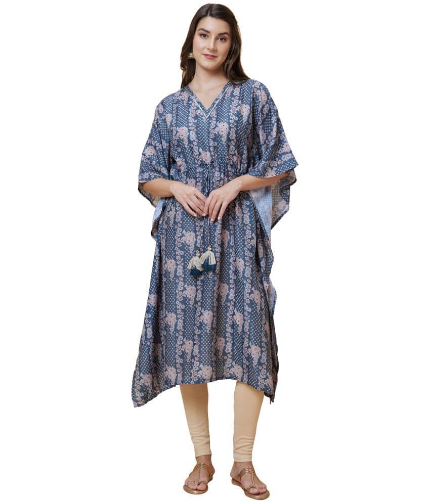 Globus Polyester Printed Kaftan Women's Kurti - Teal ( Pack of 1 ) - Kurtis, Tunics | Buy online on ZillyBuy