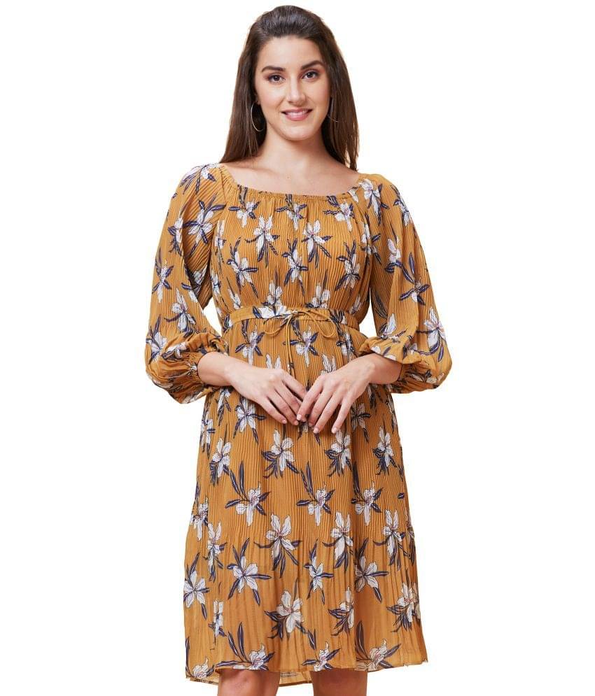    			Globus Polyester Printed Knee Length Women's A-line Dress - Mustard ( Pack of 1 )