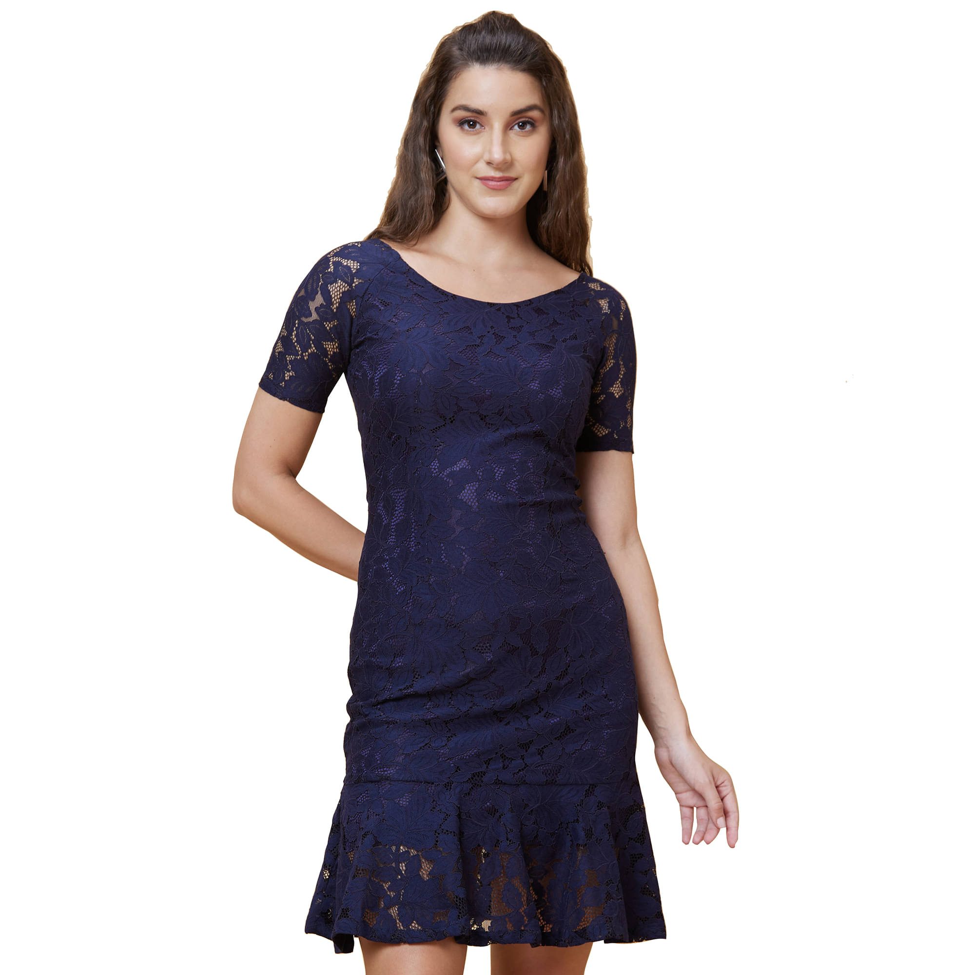     			Globus Polyester Self Design Knee Length Women's Bodycon Dress - Navy ( Pack of 1 )