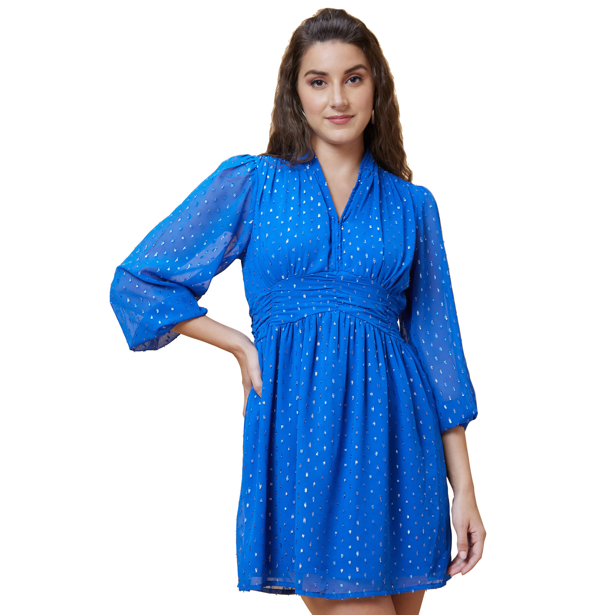 Globus Polyester Self Design Mini Women's A-line Dress - Blue ( Pack of 1 )