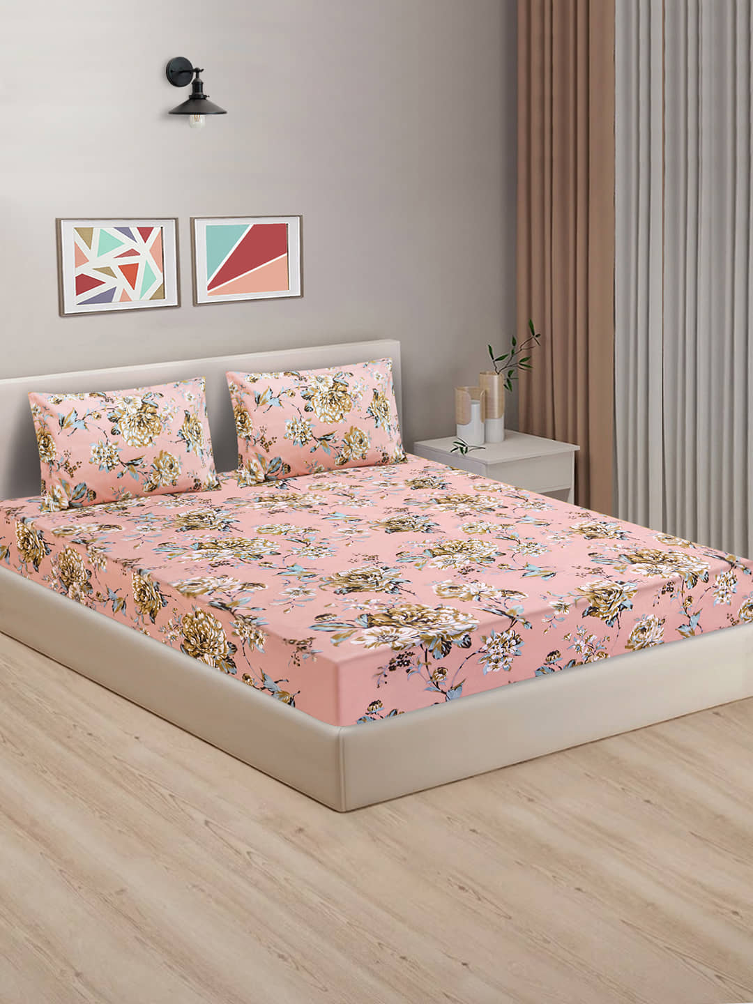 Home Candy Cotton Floral King Size Bedsheet With 2 Pillow Covers - Peach