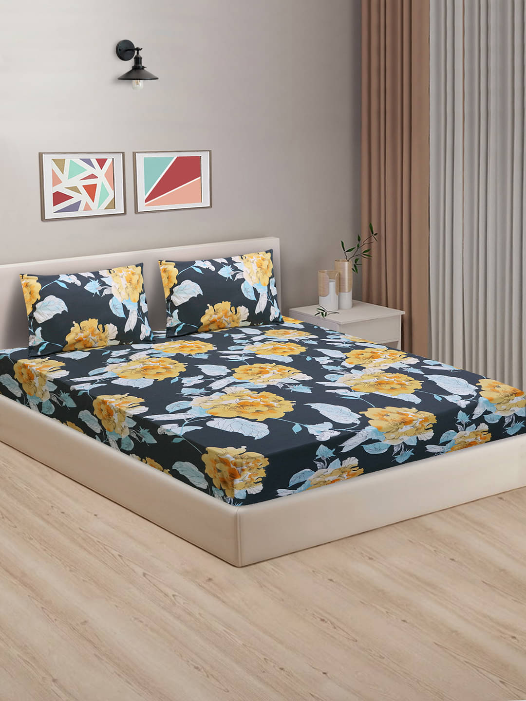     			Home Candy Cotton Floral King Size Bedsheet With 2 Pillow Covers - Blue