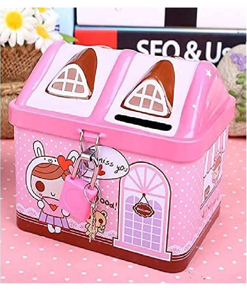 Hut Shape Cartoon Printed Metal Coin Bank Piggy Bank for Kids with Lock(Pink)
