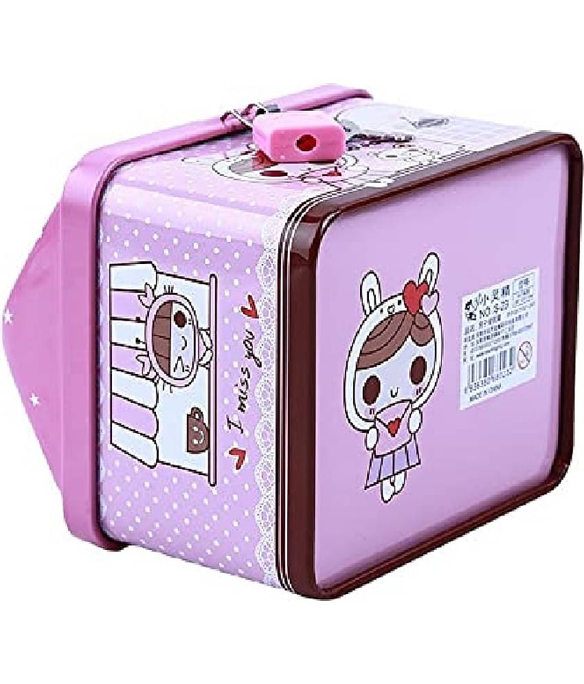Hut Shape Cartoon Printed Metal Coin Bank Piggy Bank for Kids with Lock(Pink)