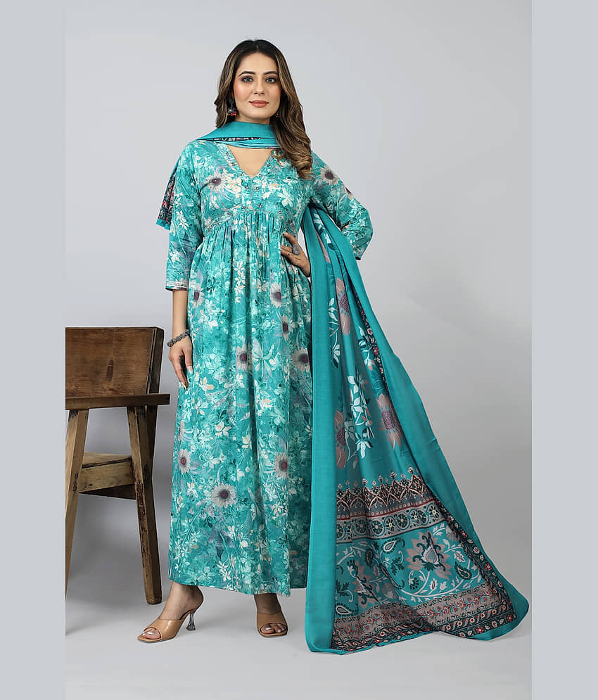 SARRAS - Blue Flared Cotton Women's Stitched Ethnic Gown ( Pack of 1 ) - Unstitched Fabrics | Buy online on ZillyBuy