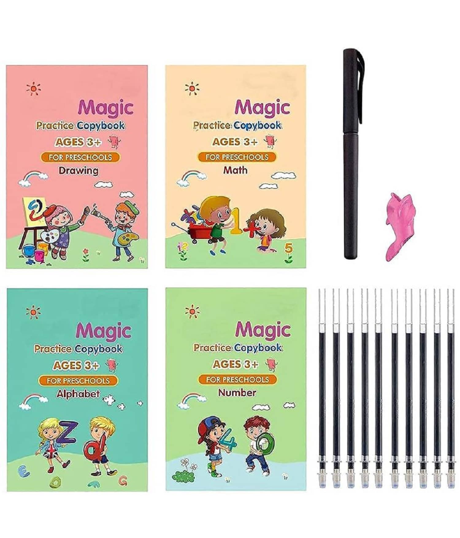 Sank English Magic Practice Copybook, (4 BOOK + 10 REFILL+ 1 Pen +1Grip) Number Tracing Book for Preschoolers with Pen, Magic Calligraphy Copybook Set Practical Reusable Writing Tool Simple Hand Lettering - Stationery | Buy online on ZillyBuy