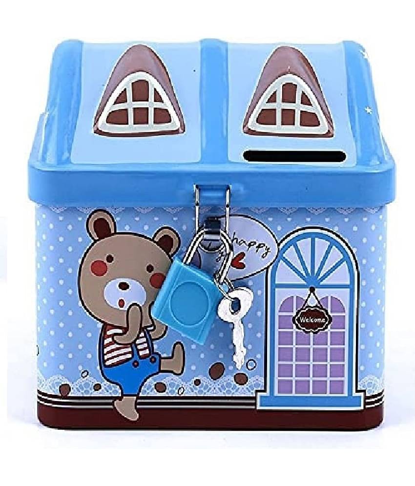 Shape Unicorn Printed Metal Coin Bank Piggy Bank for Kids with Lock(Blue) (Free subscription of kids Educational worksheets)