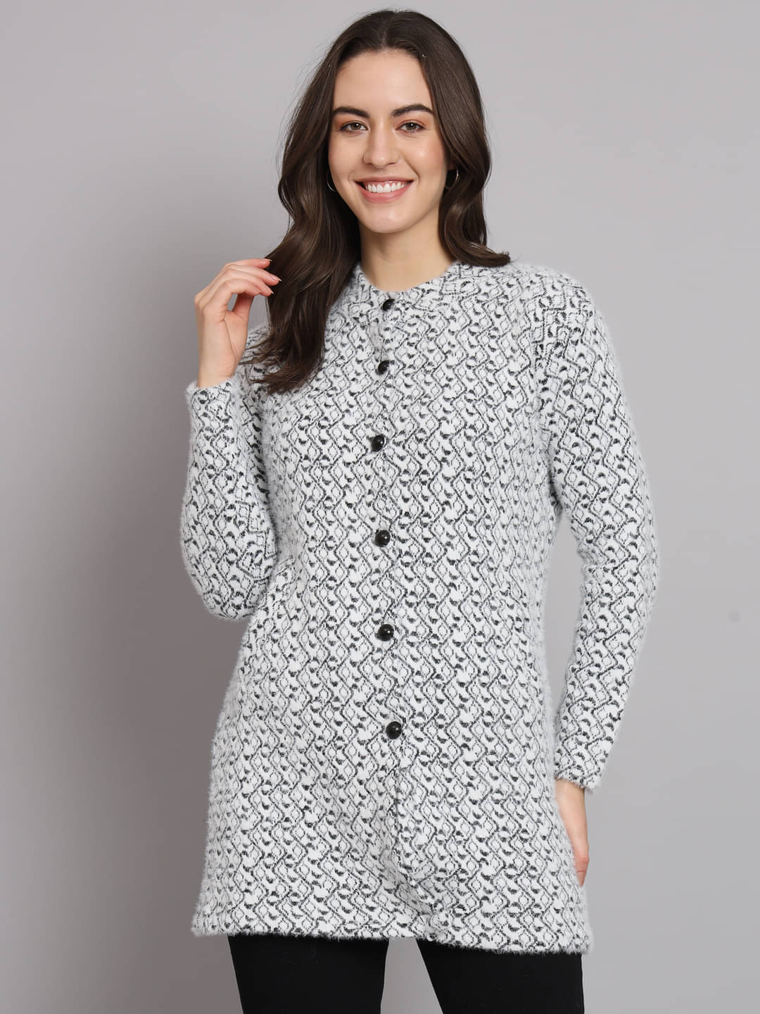 eWools.in Women Woollen Round Neck Cardigan ( Black )     			eWools.in Women Woollen Round Neck Cardigan ( Black )