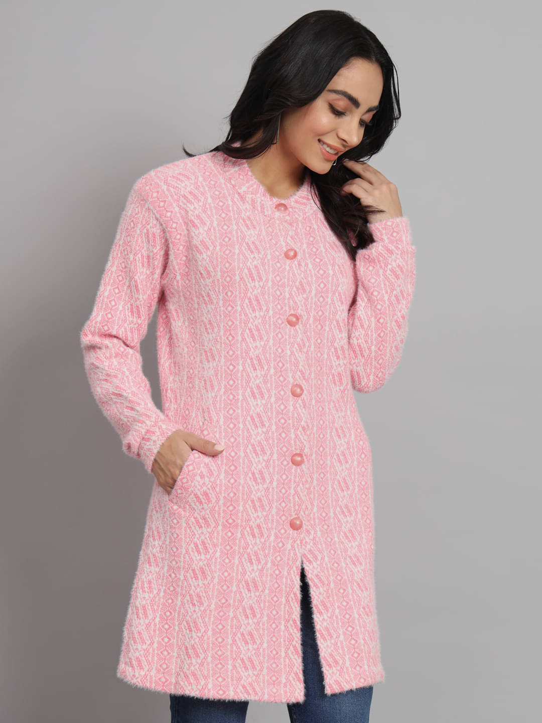 eWools.in Woollen Round Neck Women's Buttoned Cardigans - Pink ( ) eWools.in Woollen Round Neck Women's Buttoned Cardigans - Pink ( )