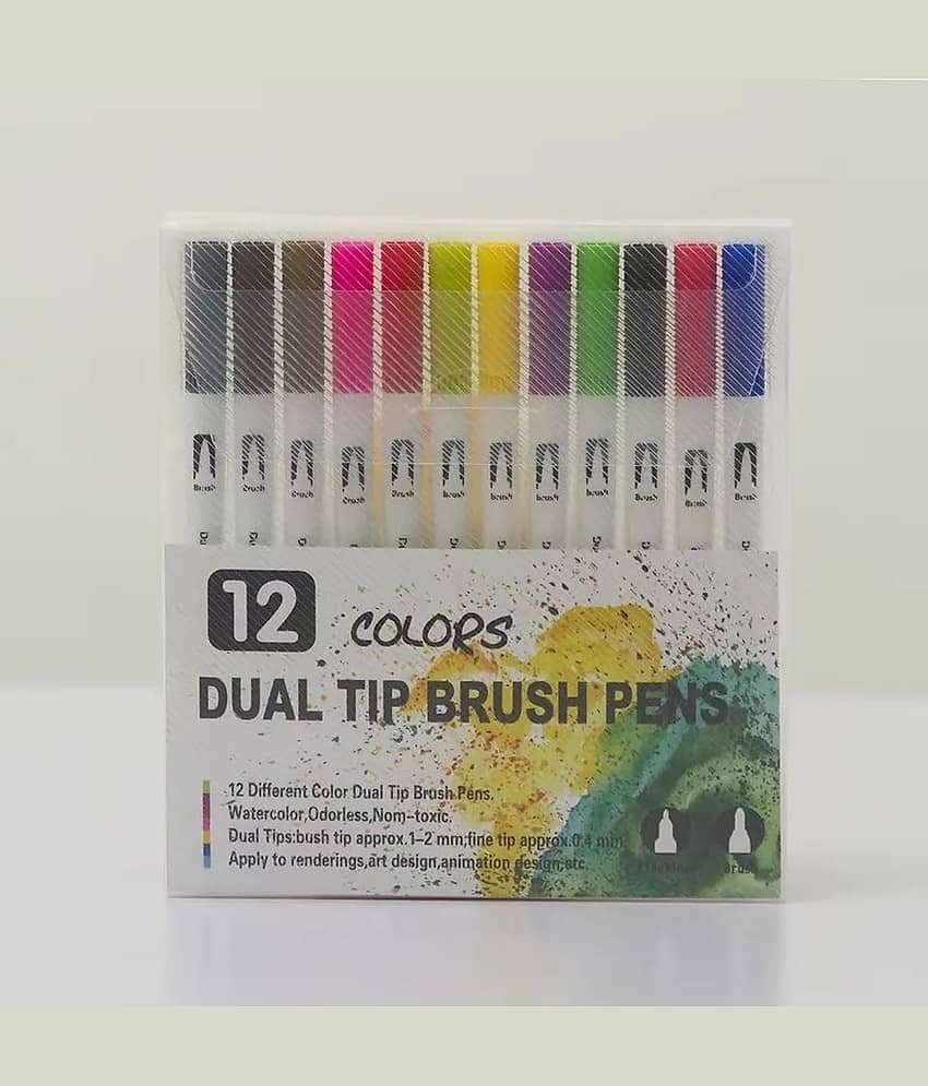Art Markers Dual Tips Coloring Brush Fineliner Color Water Based Marker Pens Set for Calligraphy Drawing Sketching Bullet Journal (12) - Stationery | Buy online on ZillyBuy