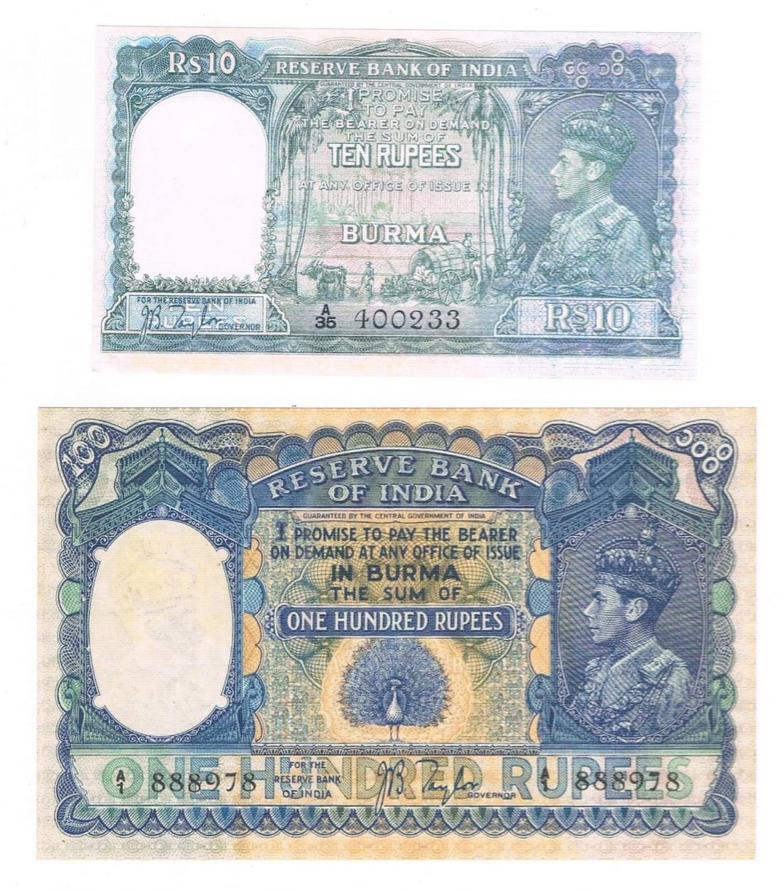     			Combo of 2 British India King George VI 10 Rupees & 100 Rupees JB Taylor Burma Issue Fancy Artificial Note only for school Exhibition & collection.