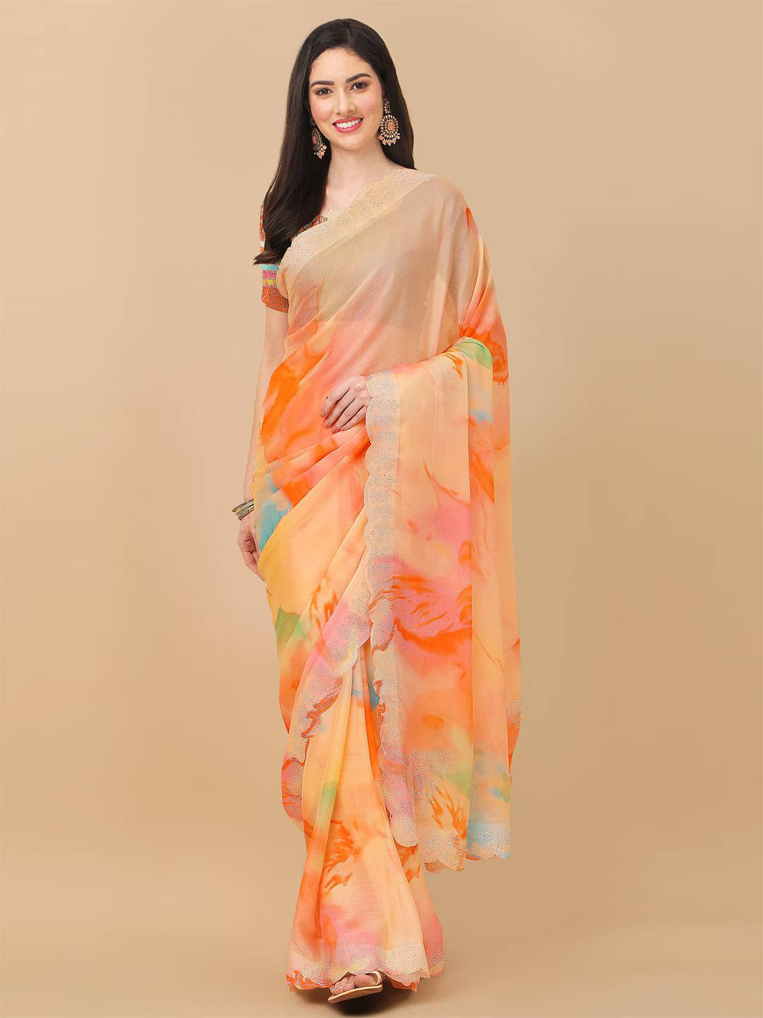 BLEESBURY Chiffon Embellished Saree With Unstitched Blouse Piece ( Orange ) BLEESBURY Chiffon Embellished Saree With Unstitched Blouse Piece ( Orange )