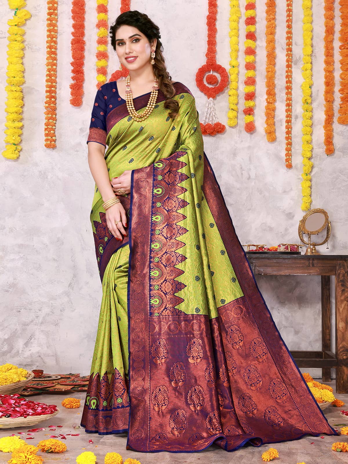 BLEESBURY Kanjivaram Woven Saree With Unstitched Blouse Piece ( Lime Green ) - Sarees | Buy online on ZillyBuy