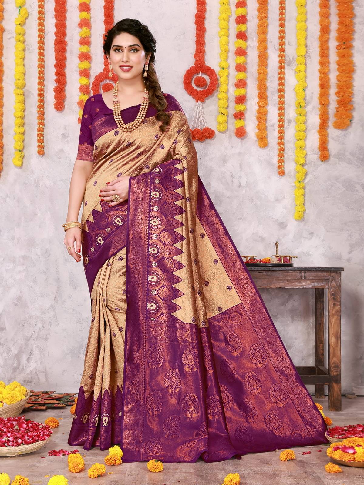 BLEESBURY Kanjivaram Woven Saree With Unstitched Blouse Piece ( Tan ) BLEESBURY Kanjivaram Woven Saree With Unstitched Blouse Piece ( Tan )