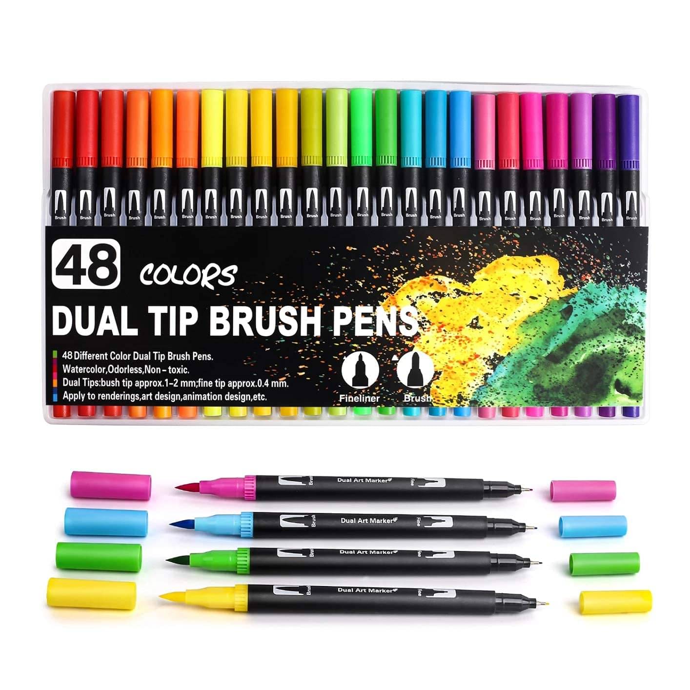     			THR3E STROKES 48 Art Markers Dual Tips Coloring Brush Fineliner Color Water Based Marker Pens Set for Calligraphy Drawing Sketching Bullet Journal (BLACK,)