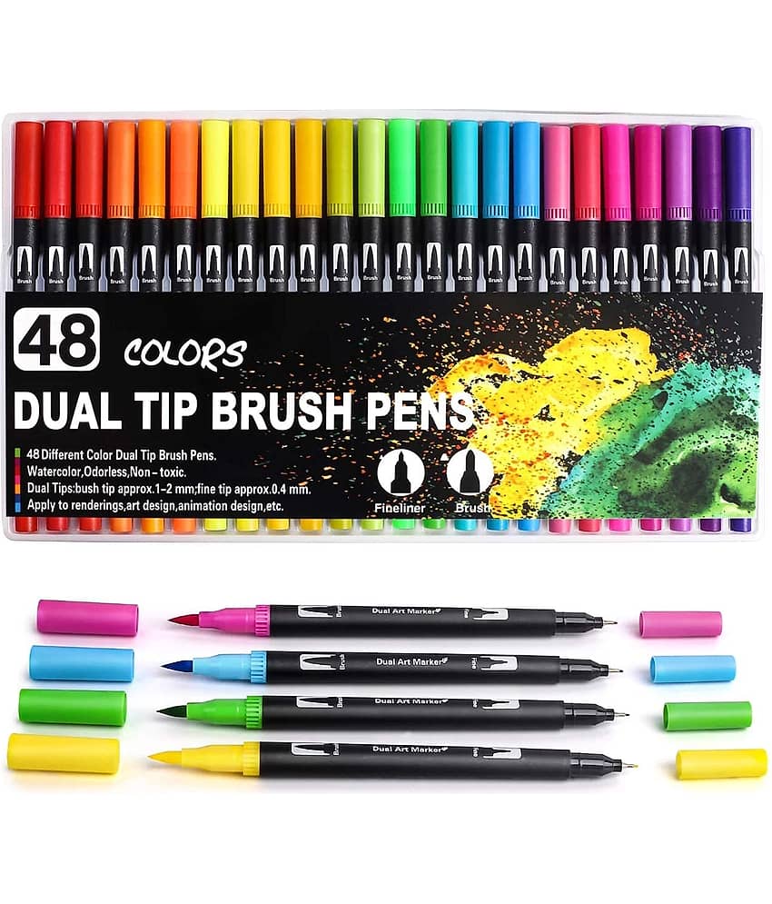 THR3E STROKES 48 Art Markers Dual Tips Coloring Brush Fineliner Color Water Based Marker Pens Set for Calligraphy Drawing Sketching Bullet Journal (BLACK,) - Stationery | Buy online on ZillyBuy