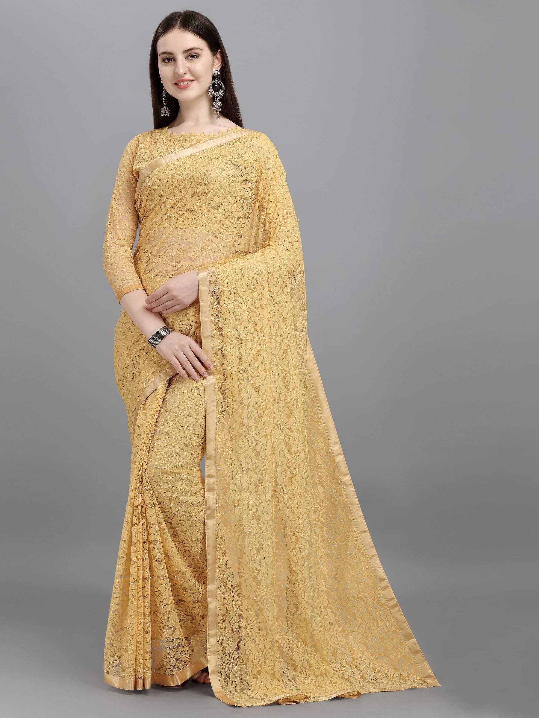 VANRAJ CREATION Net Self Design Saree With Unstitched Blouse Piece ( Beige ) VANRAJ CREATION Net Self Design Saree With Unstitched Blouse Piece ( Beige )