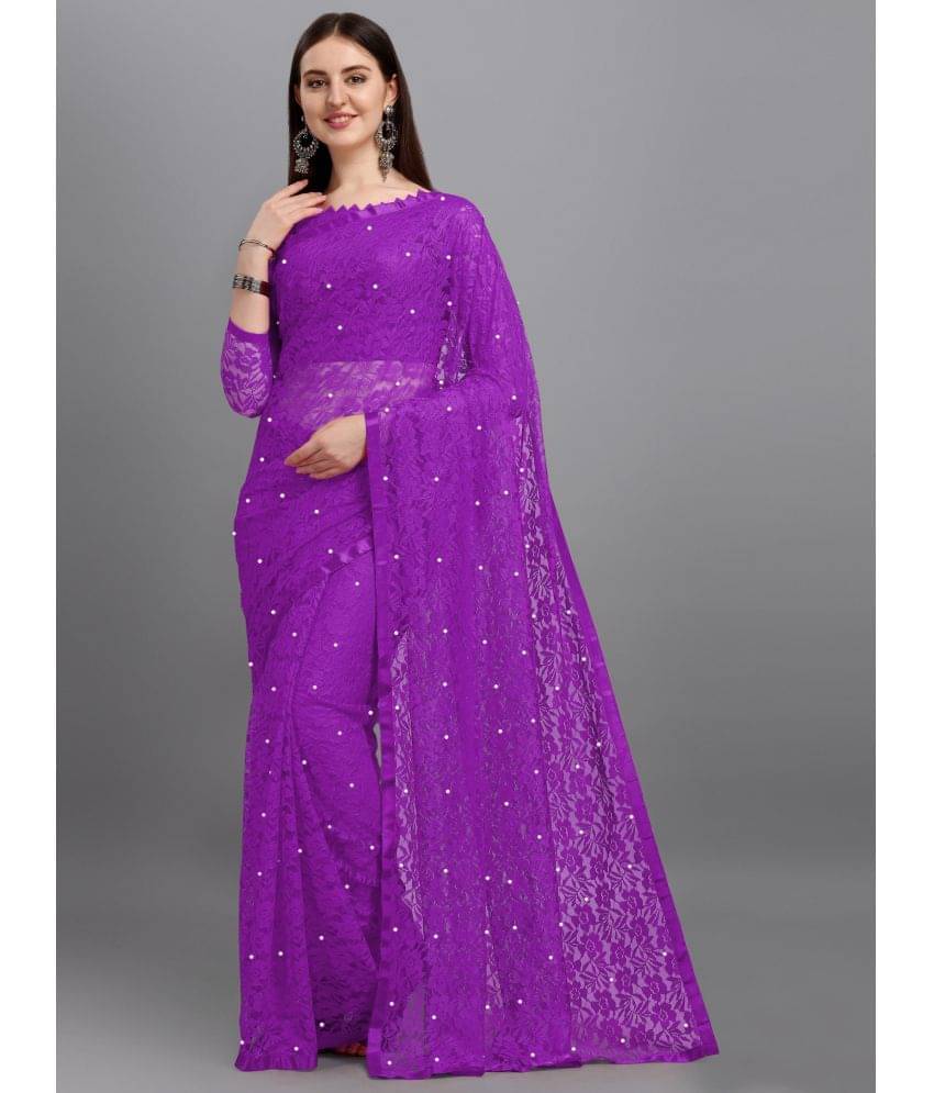     			VANRAJ CREATION Net Self Design Saree With Unstitched Blouse Piece ( Purple )