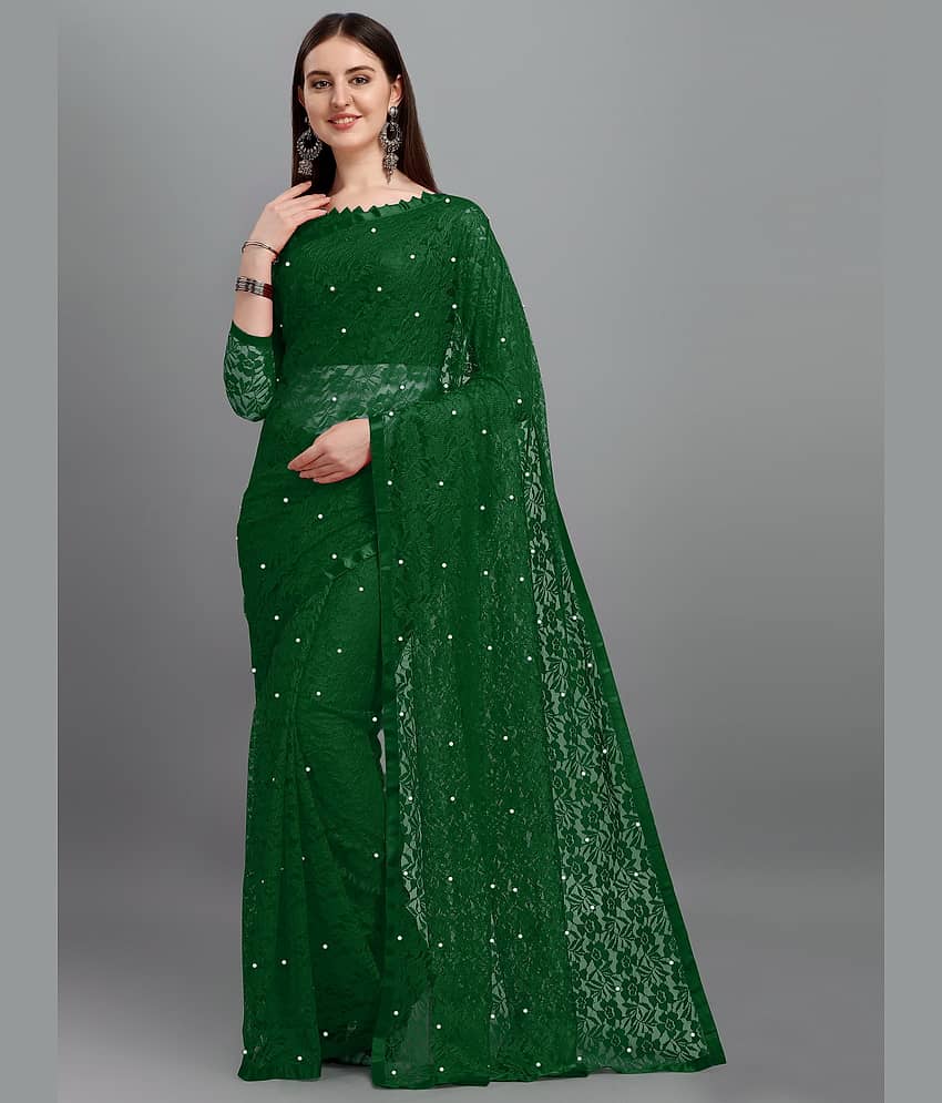 VANRAJ CREATION Net Self Design Saree With Unstitched Blouse Piece ( Green ) - Sarees | Buy online on ZillyBuy