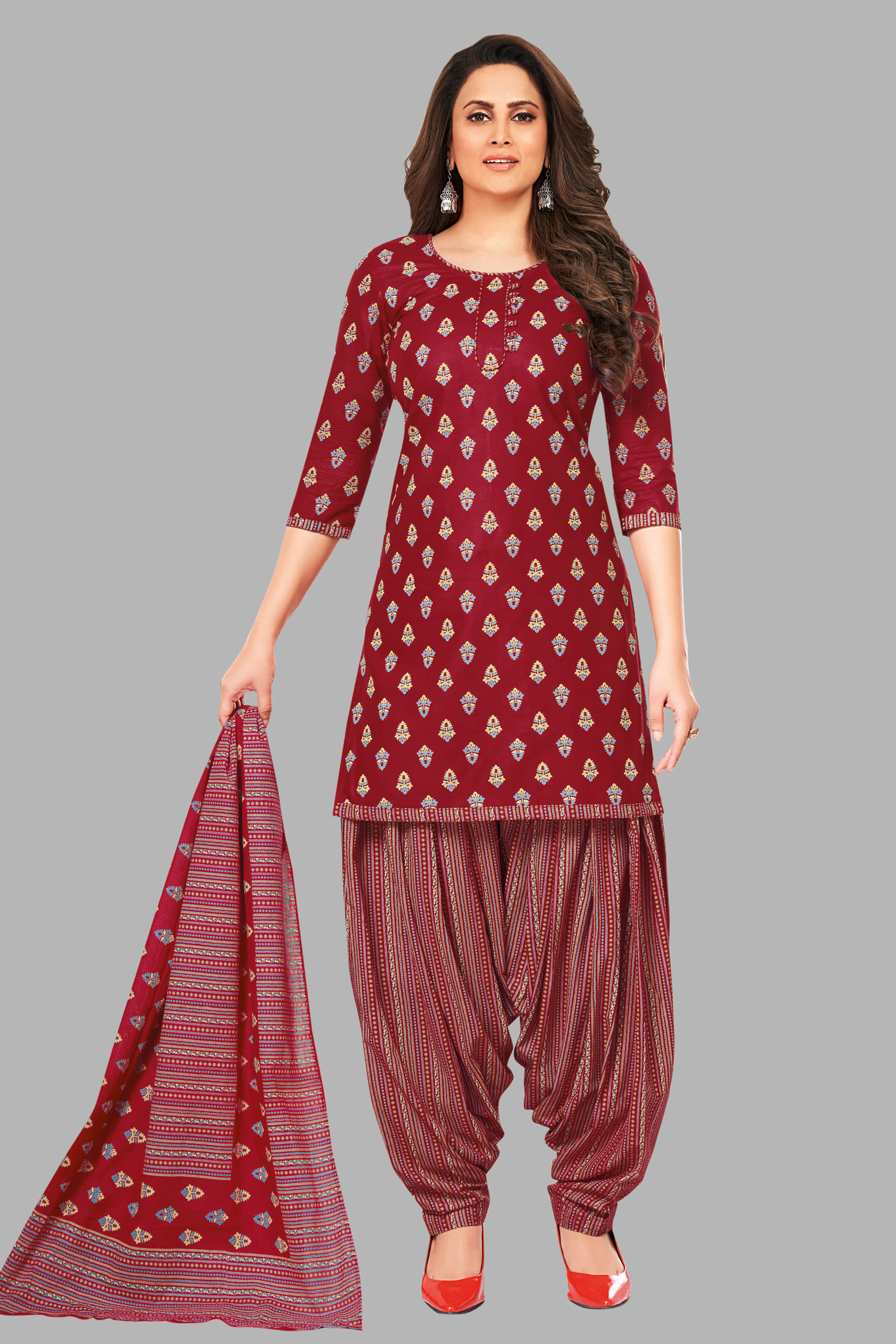 shree jeenmata collection Cotton Printed Kurti With Patiala Women's Stitched Salwar Suit - Maroon ( Pack of 1 ) shree jeenmata collection Cotton Printed Kurti With Patiala Women's Stitched Salwar Suit - Maroon ( Pack of 1 )