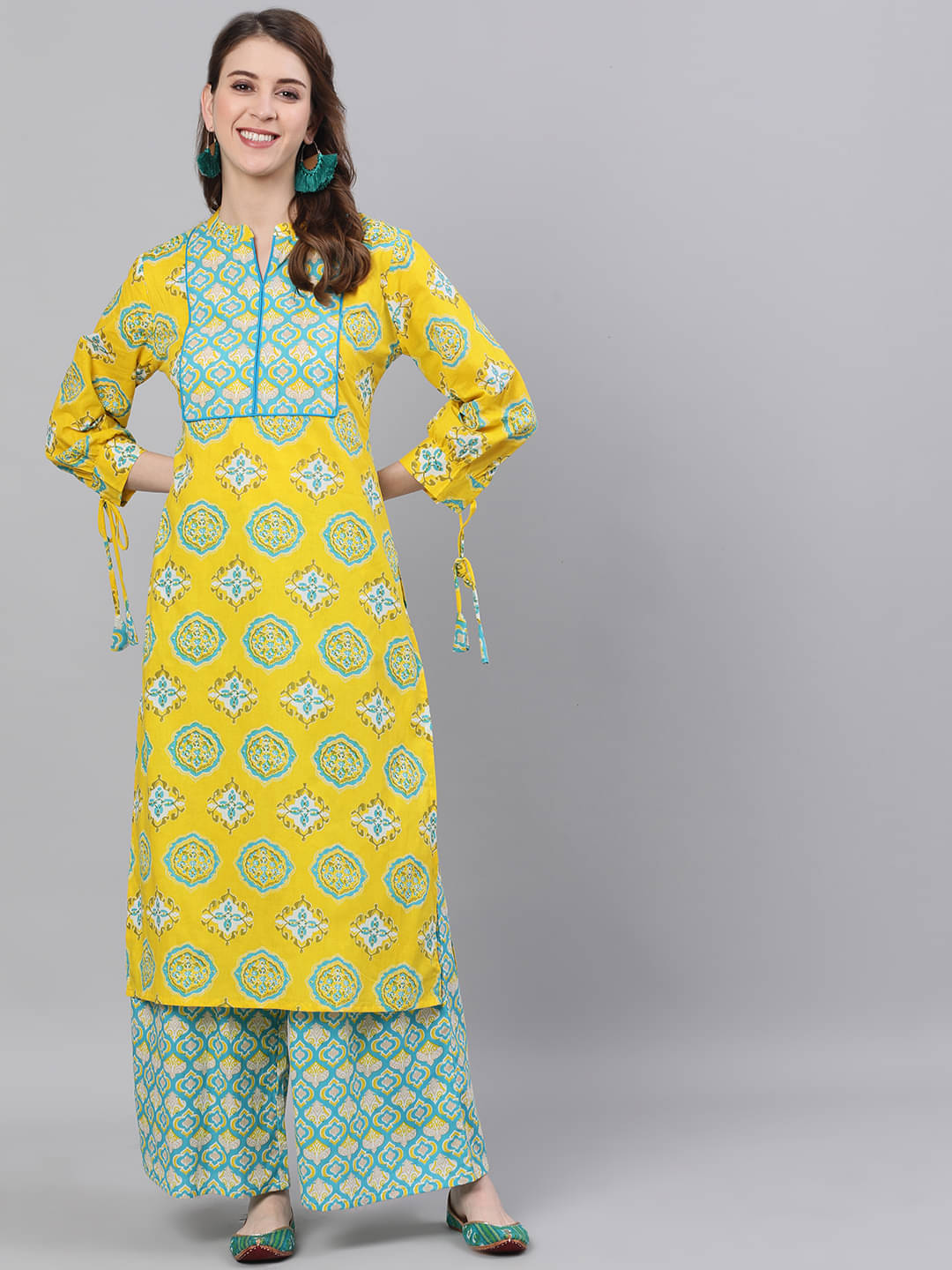     			Antaran Cotton Printed Kurti With Palazzo Women's Stitched Salwar Suit - Yellow ( Pack of 1 )