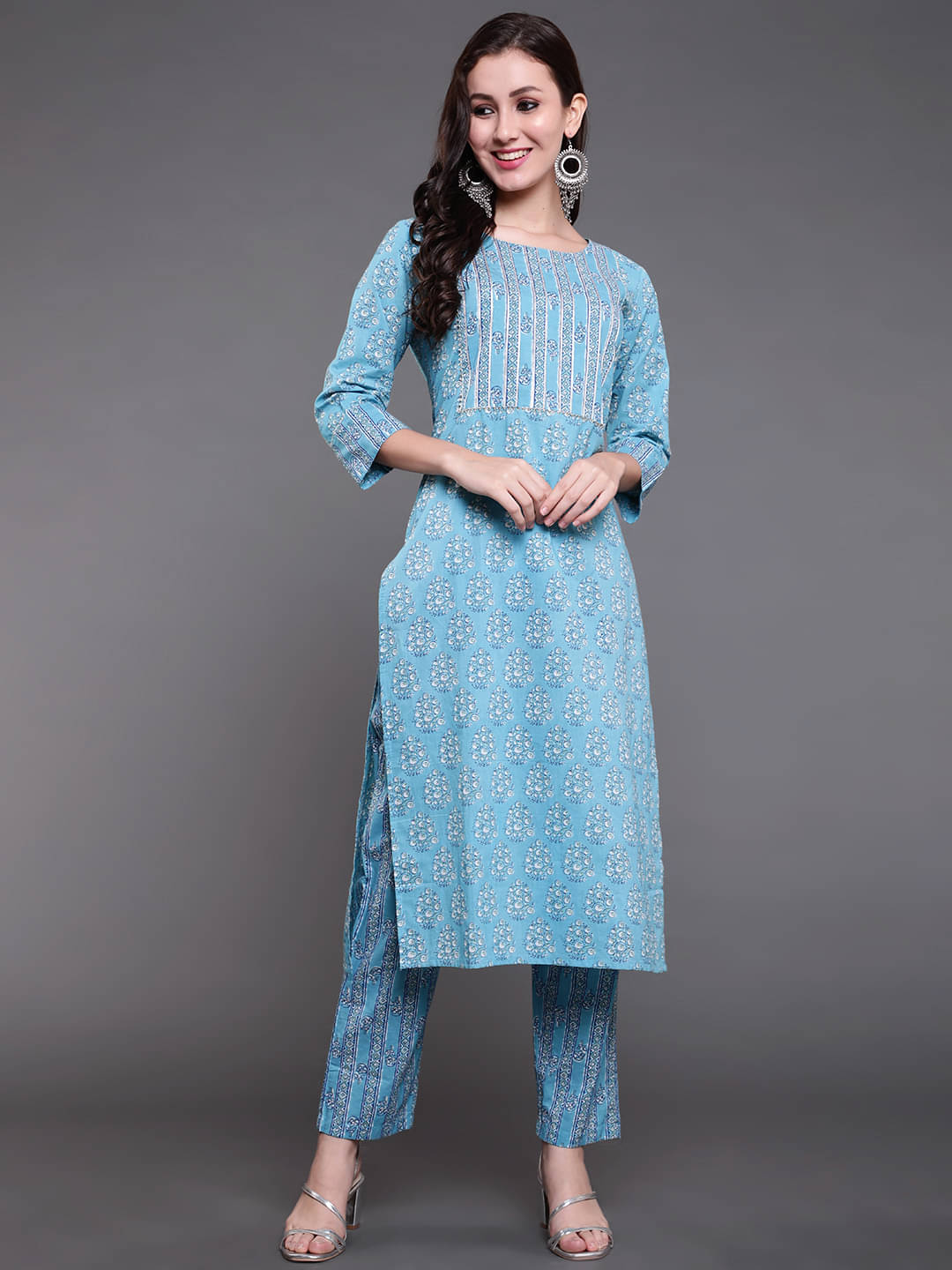 Antaran Cotton Printed Kurti With Pants Women's Stitched Salwar Suit - Blue ( Pack of 1 )     			Antaran Cotton Printed Kurti With Pants Women's Stitched Salwar Suit - Blue ( Pack of 1 )