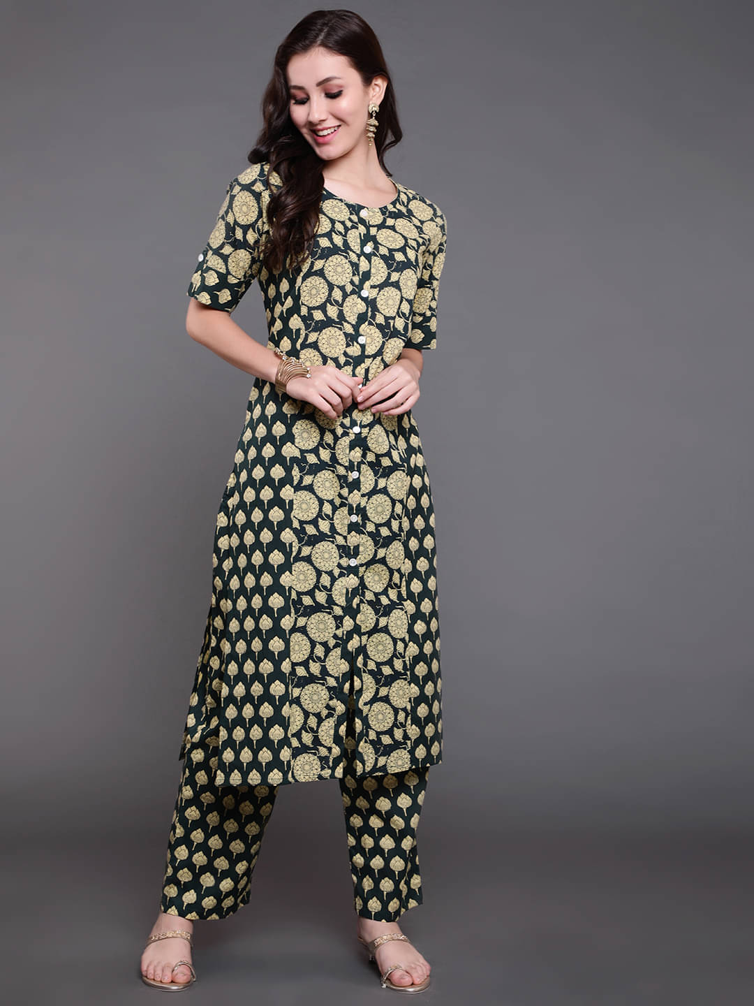     			Antaran Cotton Printed Kurti With Palazzo Women's Stitched Salwar Suit - Green ( Pack of 1 )