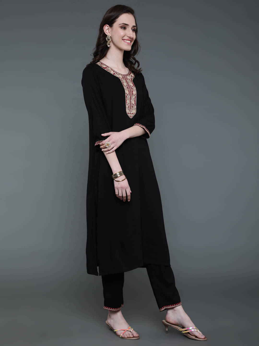     			Antaran Rayon Printed Kurti With Pants Women's Stitched Salwar Suit - Black ( Pack of 2 )