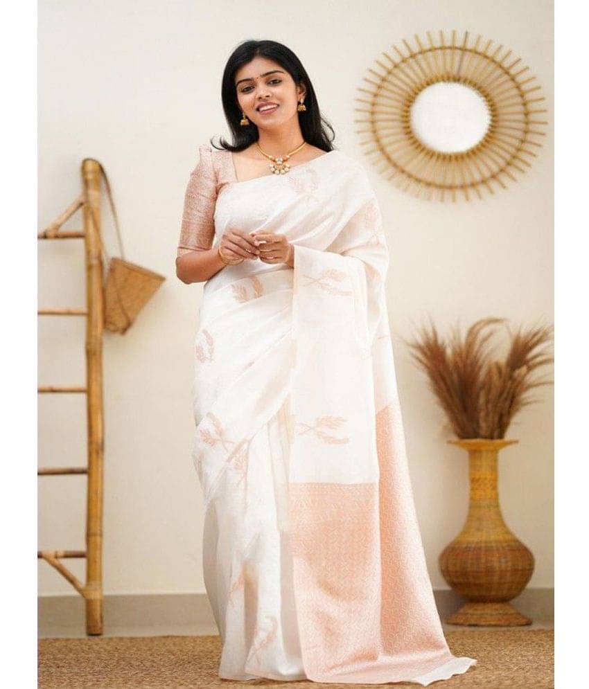     			Apnisha Jacquard Printed Saree With Unstitched Blouse Piece ( White )