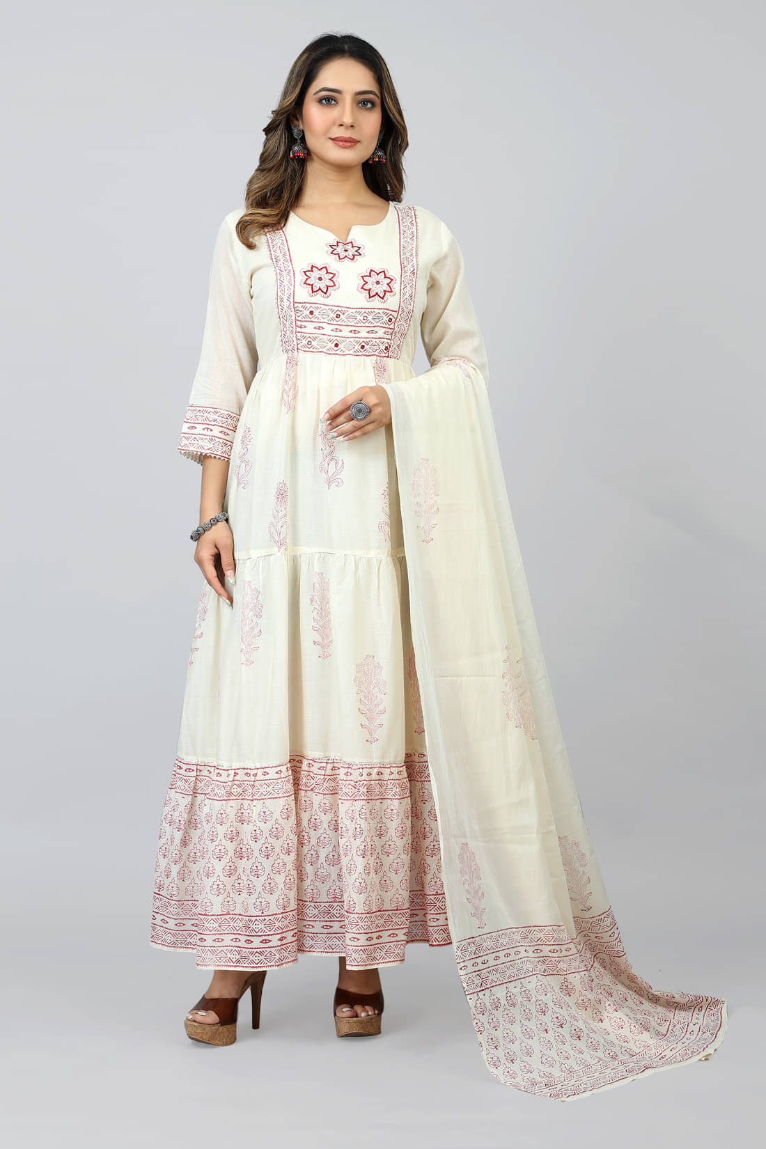 SARRAS - Off White Flared Cotton Women's Stitched Ethnic Gown ( Pack of 1 ) SARRAS - Off White Flared Cotton Women's Stitched Ethnic Gown ( Pack of 1 )