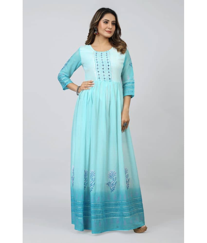 SARRAS - Turquoise Flared Cotton Women's Stitched Ethnic Gown ( Pack of 1 ) - Unstitched Fabrics | Buy online on ZillyBuy