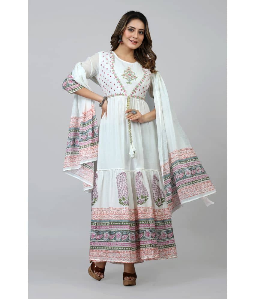 SARRAS - White Flared Cotton Women's Stitched Ethnic Gown ( Pack of 1 ) - Unstitched Fabrics | Buy online on ZillyBuy
