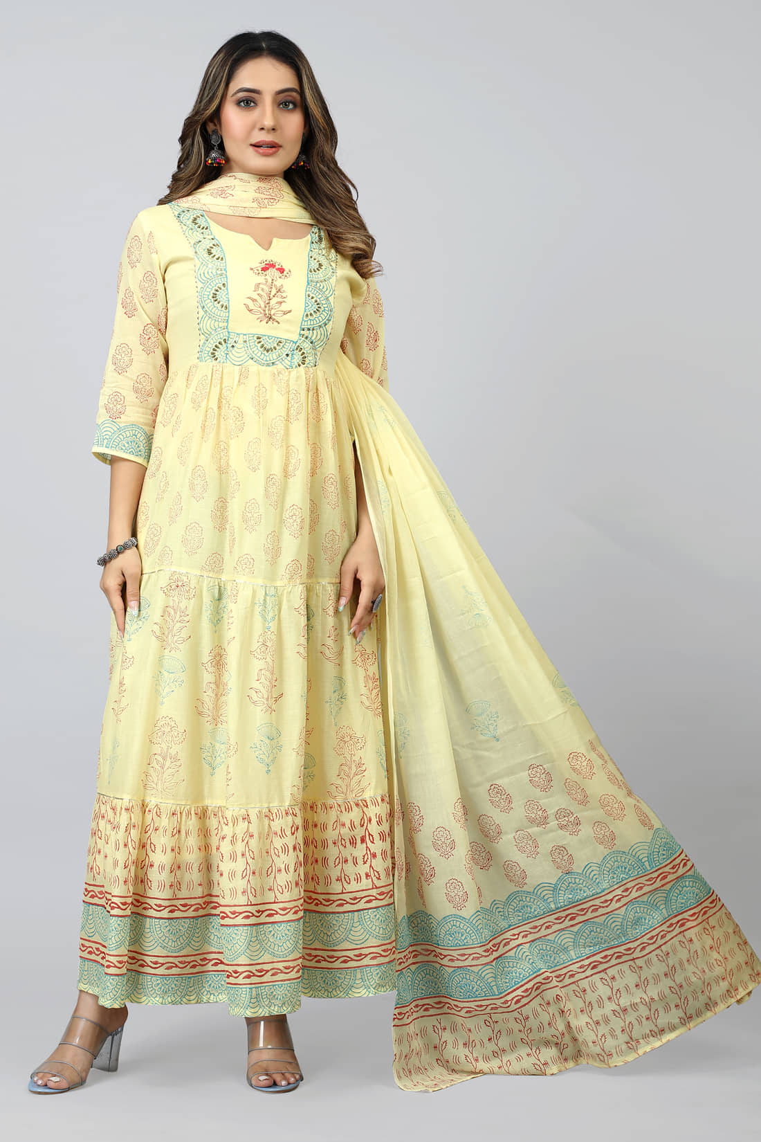SARRAS - Yellow Flared Cotton Women's Stitched Ethnic Gown ( Pack of 1 ) - Unstitched Fabrics | Buy online on ZillyBuy