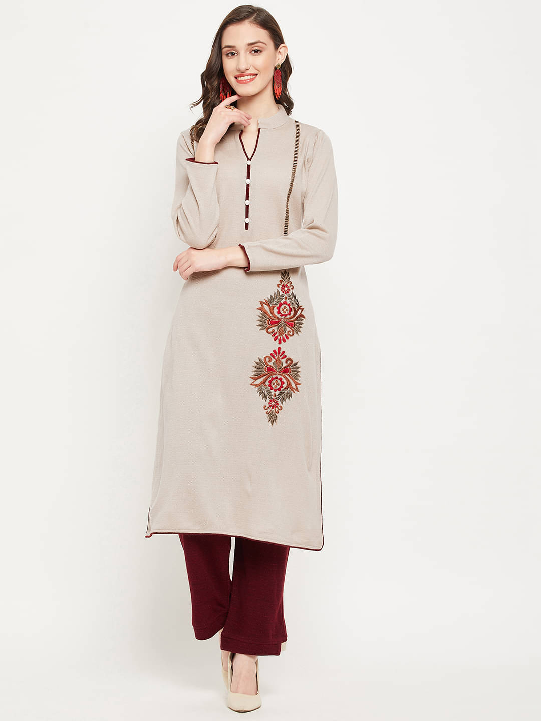     			zigo Woollen Embroidered Kurti With Palazzo Women's Stitched Salwar Suit - Beige ( Pack of 1 )