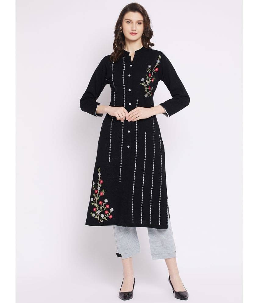     			zigo Woollen Embroidered Kurti With Palazzo Women's Stitched Salwar Suit - Black ( Pack of 1 )