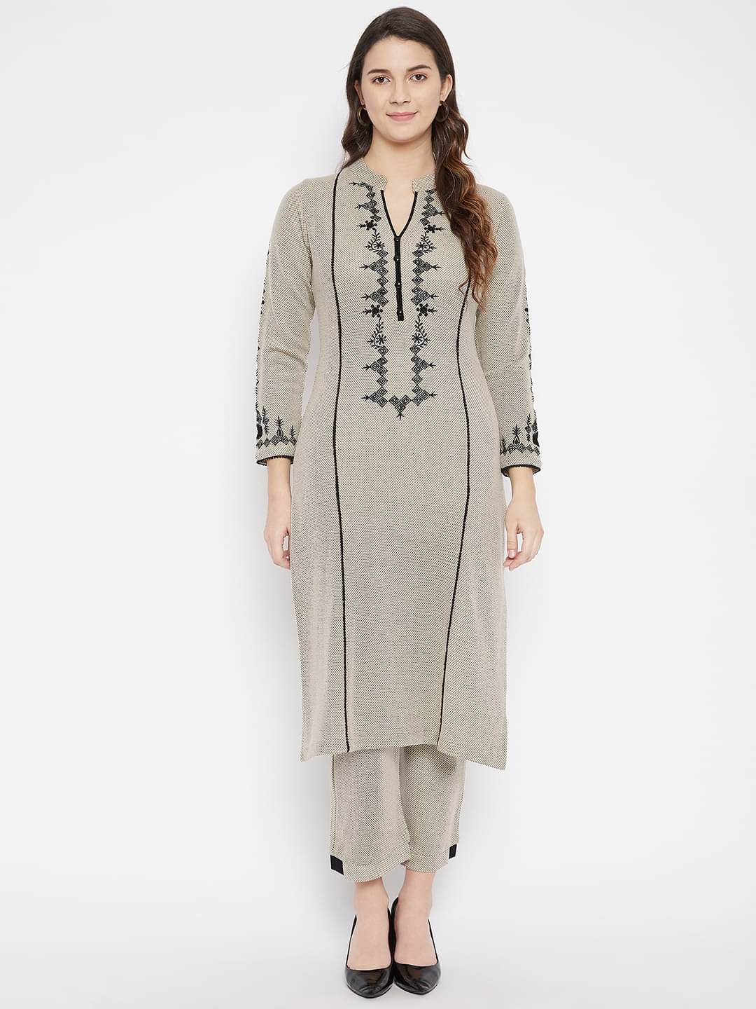 zigo Woollen Embroidered Kurti With Palazzo Women's Stitched Salwar Suit - Grey ( Pack of 1 )     			zigo Woollen Embroidered Kurti With Palazzo Women's Stitched Salwar Suit - Grey ( Pack of 1 )