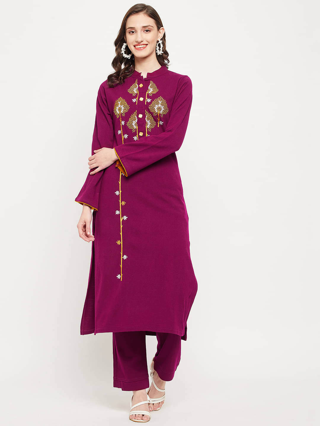 zigo Woollen Embroidered Kurti With Palazzo Women's Stitched Salwar Suit - Pink ( Pack of 1 )     			zigo Woollen Embroidered Kurti With Palazzo Women's Stitched Salwar Suit - Pink ( Pack of 1 )