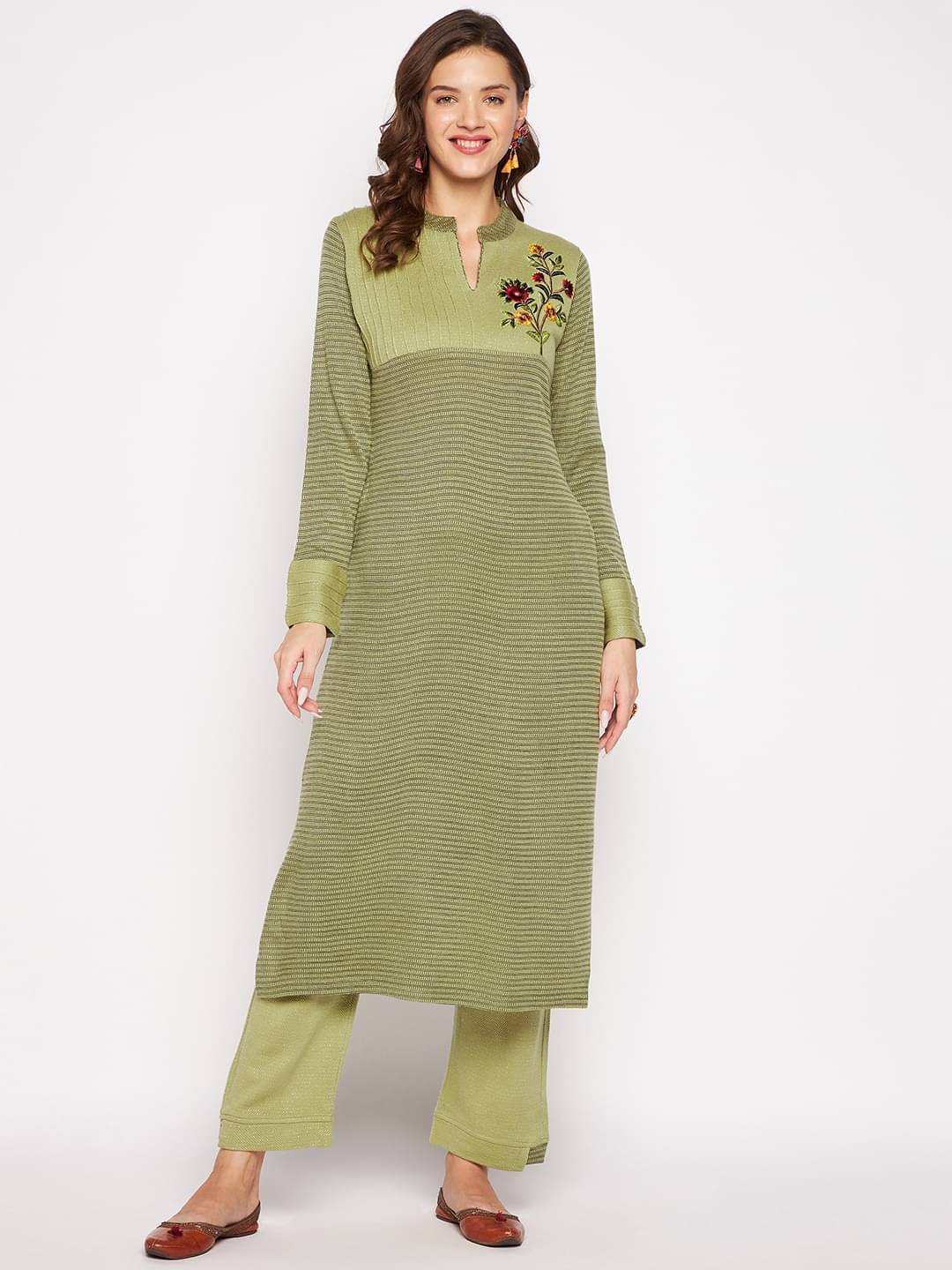 zigo Woollen Embroidered Kurti With Palazzo Women's Stitched Salwar Suit - Green ( Pack of 1 )     			zigo Woollen Embroidered Kurti With Palazzo Women's Stitched Salwar Suit - Green ( Pack of 1 )