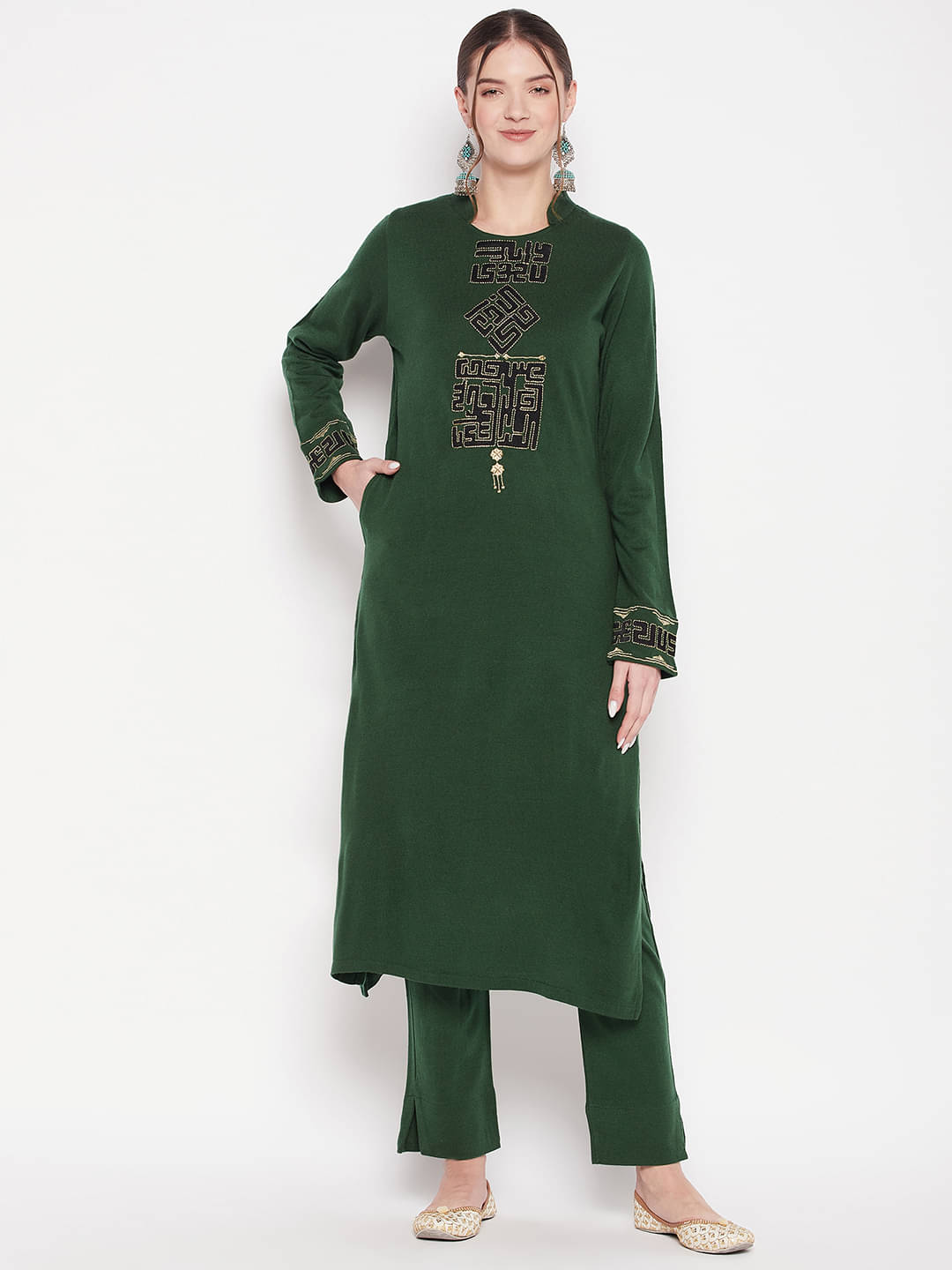     			zigo Woollen Embroidered Kurti With Palazzo Women's Stitched Salwar Suit - Green ( Pack of 1 )