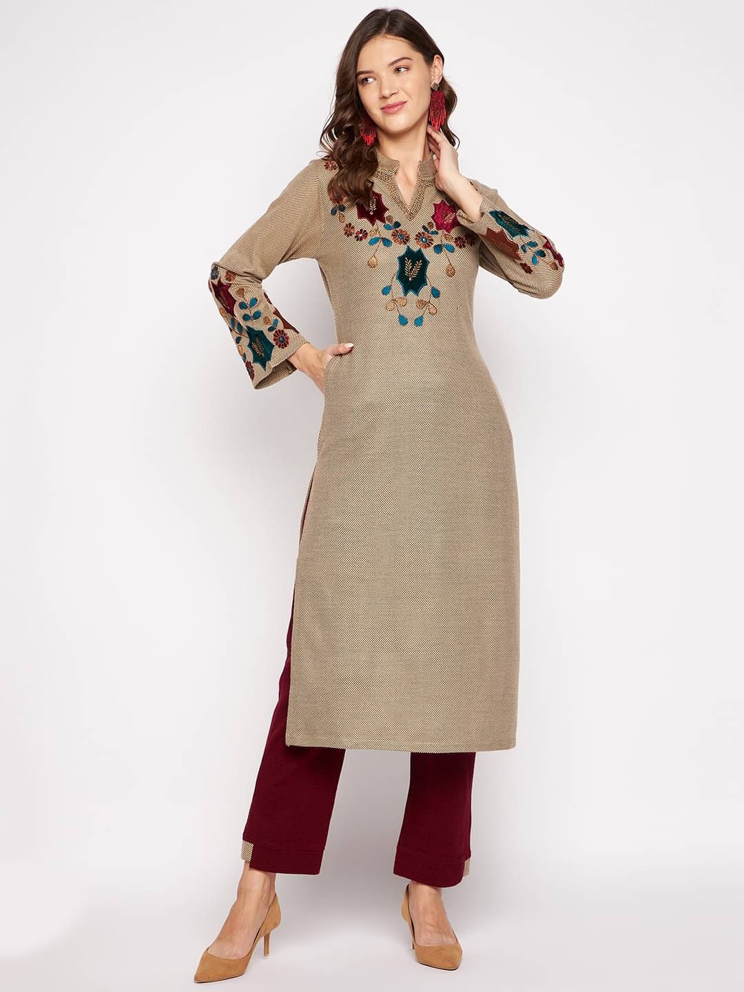zigo Woollen Embroidered Kurti With Palazzo Women's Stitched Salwar Suit - Beige ( Pack of 1 ) zigo Woollen Embroidered Kurti With Palazzo Women's Stitched Salwar Suit - Beige ( Pack of 1 )