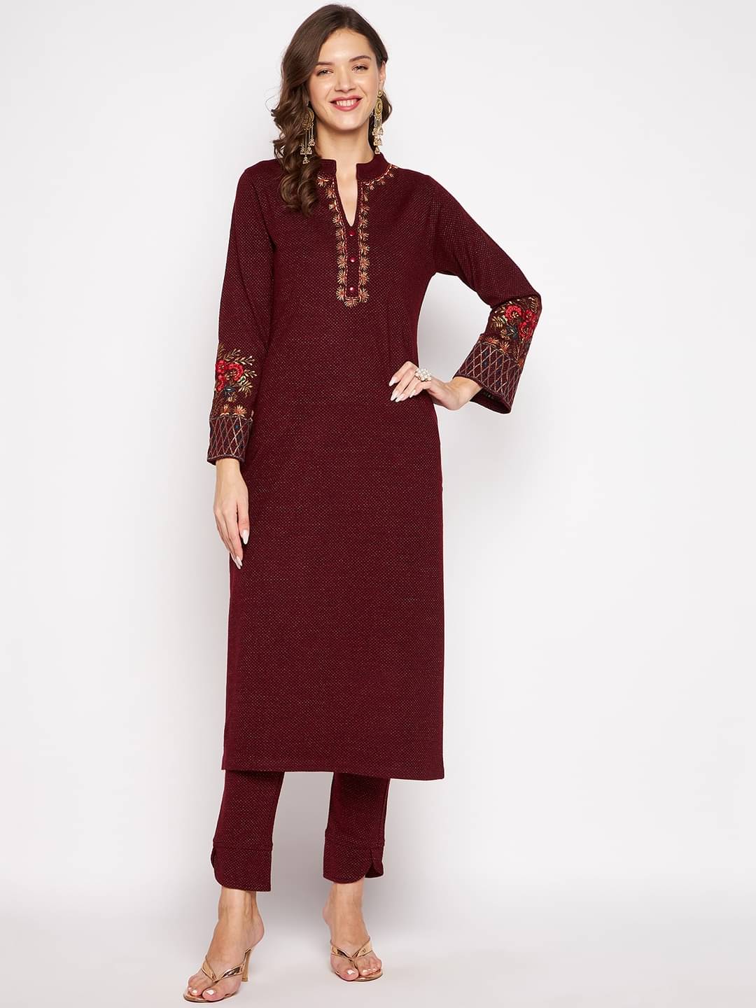 zigo Woollen Embroidered Kurti With Palazzo Women's Stitched Salwar Suit - Maroon ( Pack of 1 )     			zigo Woollen Embroidered Kurti With Palazzo Women's Stitched Salwar Suit - Maroon ( Pack of 1 )