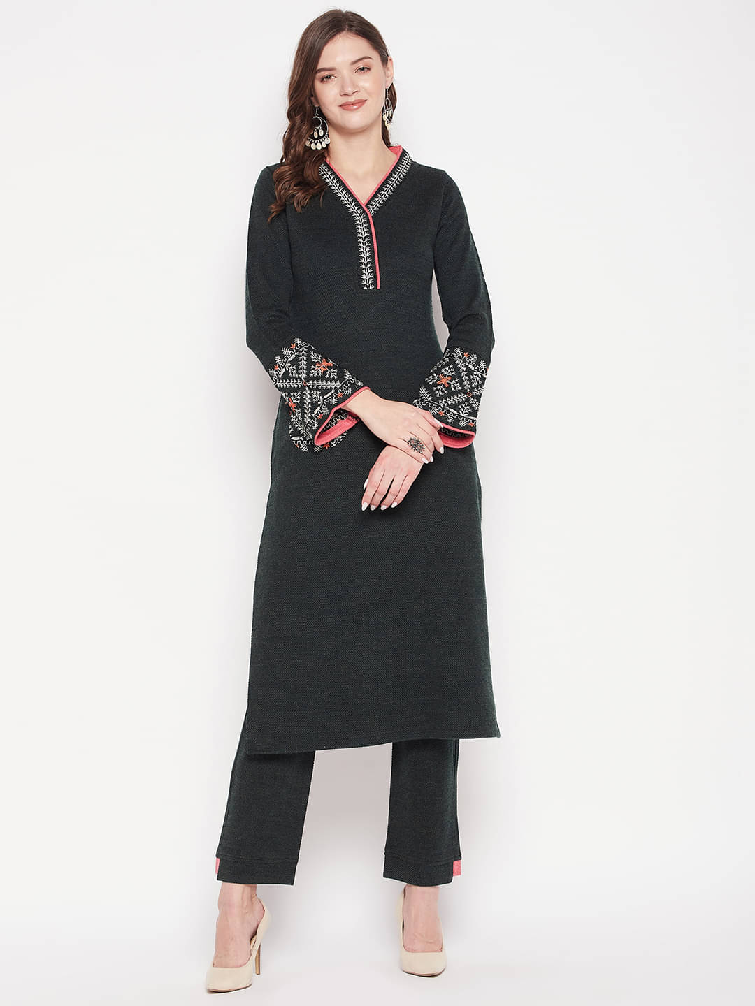     			zigo Woollen Embroidered Kurti With Palazzo Women's Stitched Salwar Suit - Green ( Pack of 1 )
