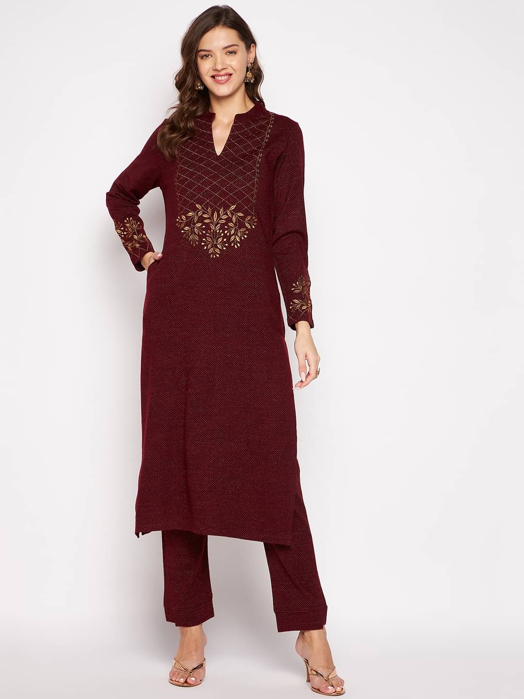 zigo Woollen Embroidered Kurti With Palazzo Women's Stitched Salwar Suit - Maroon ( Pack of 1 ) zigo Woollen Embroidered Kurti With Palazzo Women's Stitched Salwar Suit - Maroon ( Pack of 1 )
