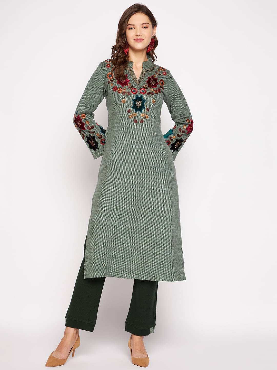 zigo Woollen Embroidered Kurti With Palazzo Women's Stitched Salwar Suit - Green ( Pack of 1 )     			zigo Woollen Embroidered Kurti With Palazzo Women's Stitched Salwar Suit - Green ( Pack of 1 )