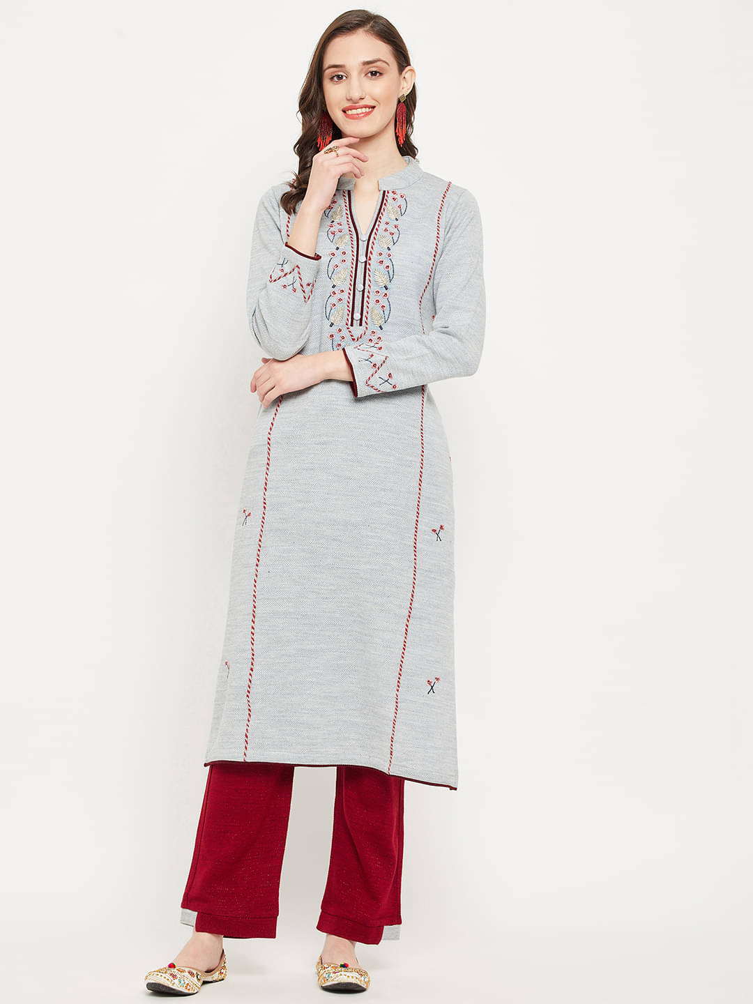zigo Woollen Embroidered Kurti With Palazzo Women's Stitched Salwar Suit - Grey ( Pack of 1 )     			zigo Woollen Embroidered Kurti With Palazzo Women's Stitched Salwar Suit - Grey ( Pack of 1 )