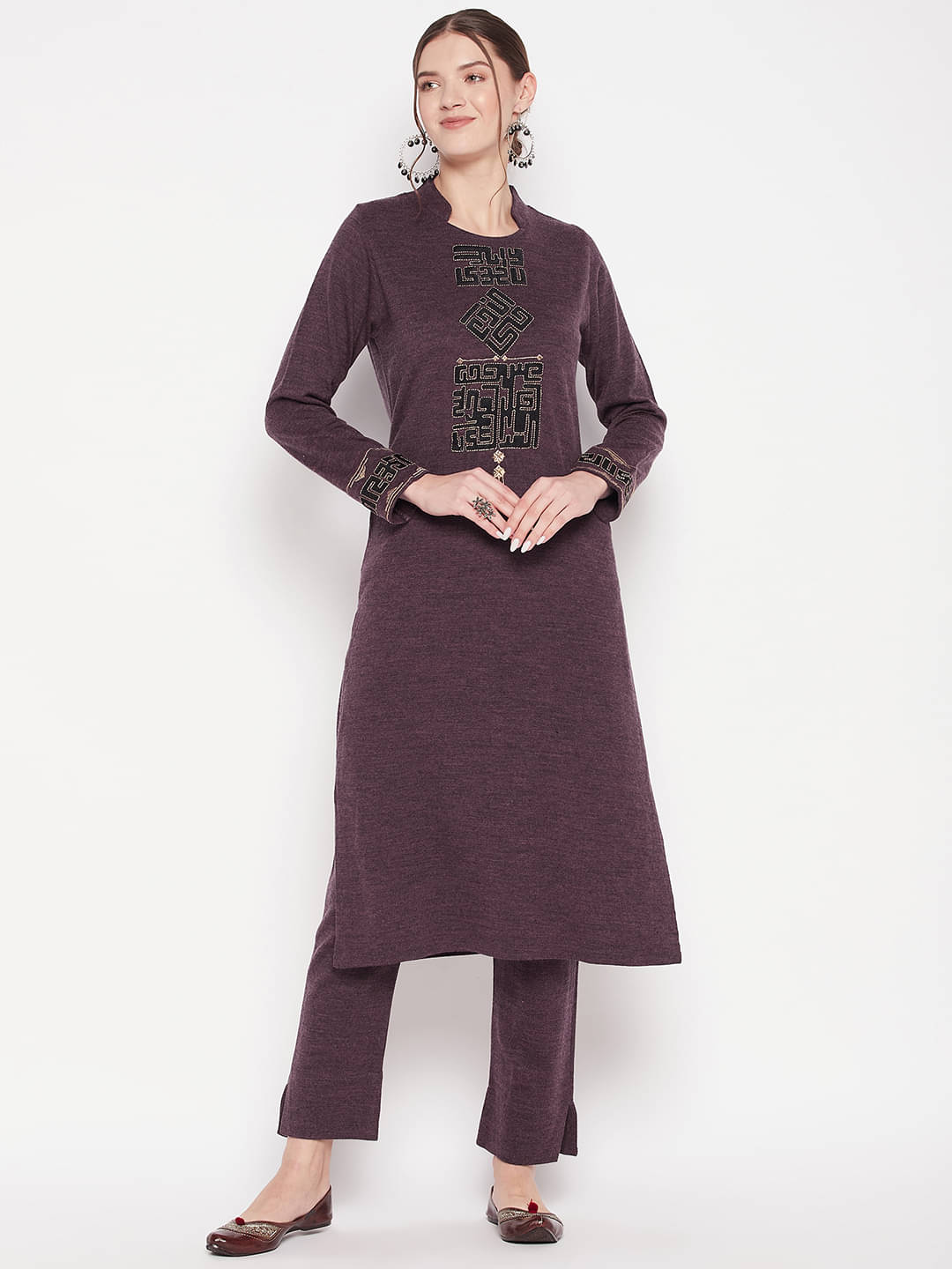     			zigo Woollen Embroidered Kurti With Palazzo Women's Stitched Salwar Suit - Purple ( Pack of 1 )