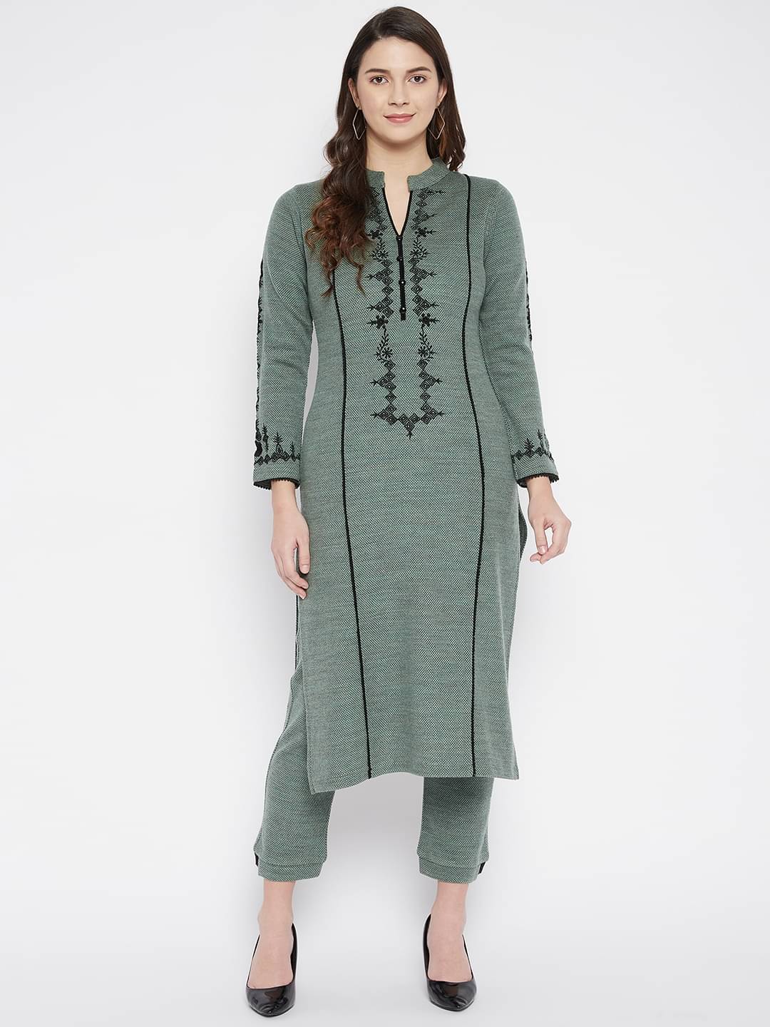     			zigo Woollen Embroidered Kurti With Palazzo Women's Stitched Salwar Suit - Green ( Pack of 1 )